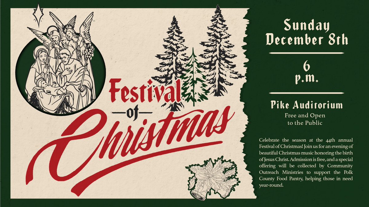 🎄✨ Celebrate the season with us at the Festival of Christmas!

📅 Sunday, December 8th
⏰ 6 p.m.
📍 Pike Auditorium

Enjoy beautiful music honoring the birth of Jesus Christ. Admission is free, with a special offering to support the Polk County Food Pantry. 🎶❤️