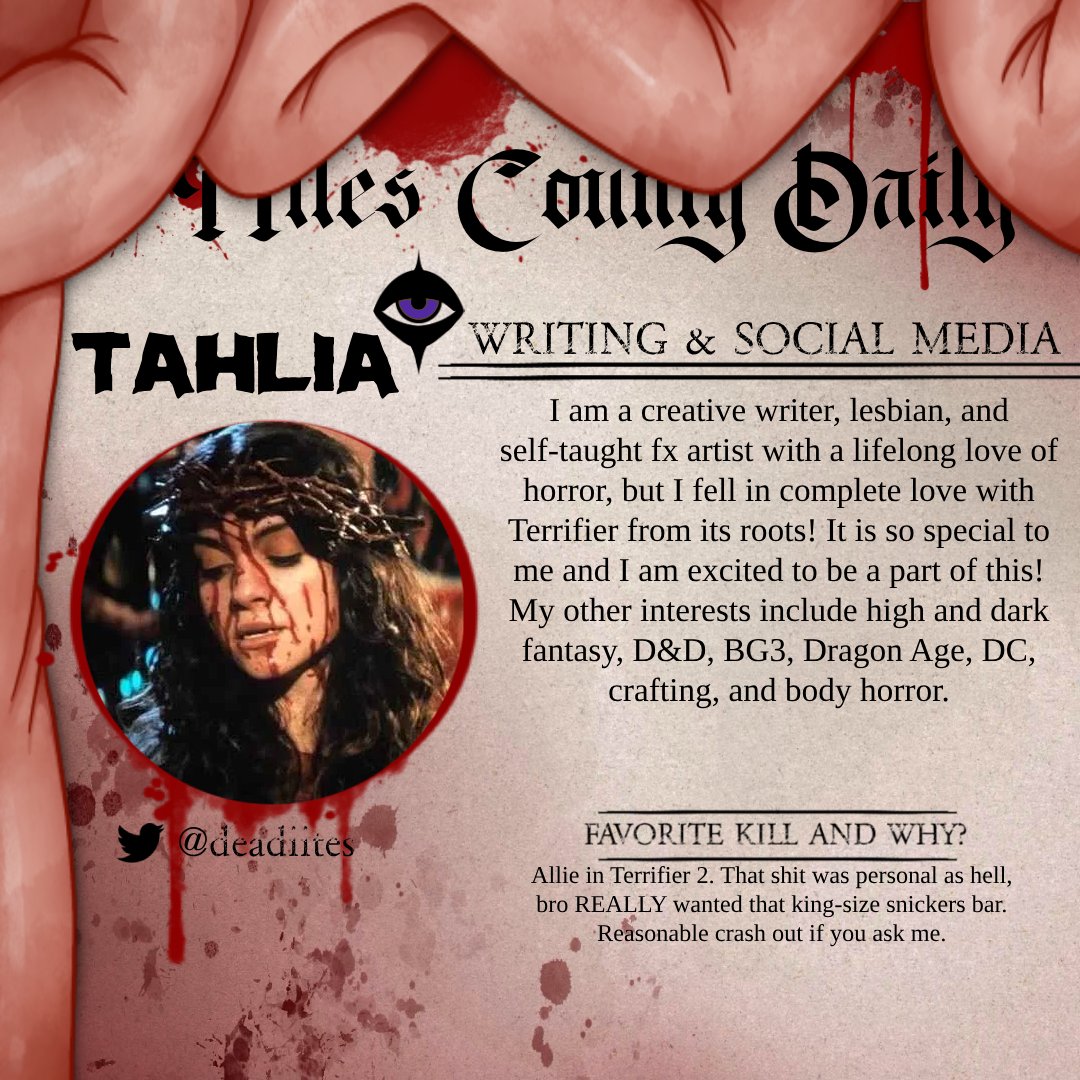 terrifierzine's tweet photo. Meet our next reporter on the roster, Tahlia, our writing and social media manager! @deadiites https://t.co/2zBpRukLUV