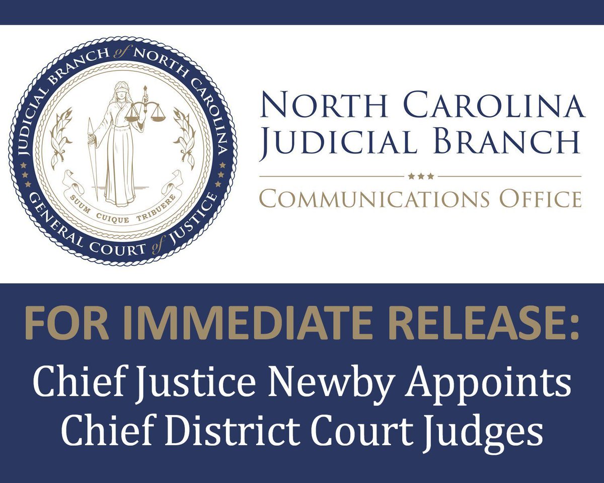 NCCourts's tweet photo. Chief Justice Paul Newby has appointed Judge Donna Forga and Judge W. Curtis Stackhouse
Chief District Court Judges in Districts 43 and 9, respectively. Read more: https://t.co/X6xxAhUqKQ https://t.co/3azNh3c5v7