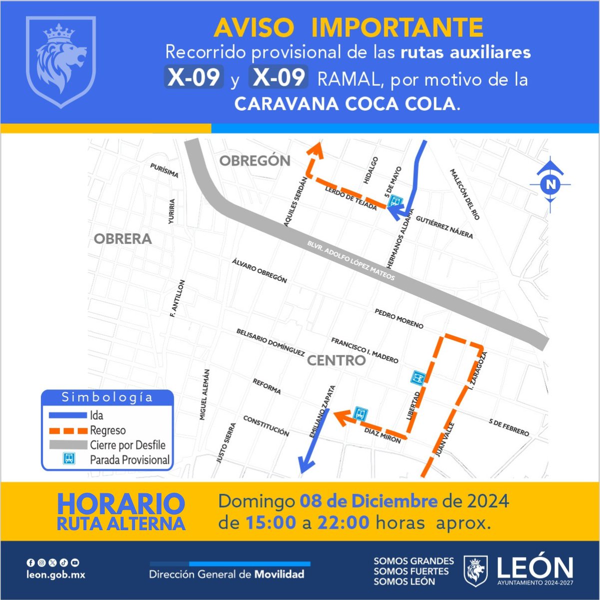 movilidad_leon's tweet photo. 🤶✨ Atención, León: por la #CaravanaNavideña @CocaColaMx  🤶habrá desvíos temporales en las rutas del transporte público 🚍a partir de las 3:00PM.
👇🏼Consulta aquí los mapas y preparate👇🏼

#SomosLeón https://t.co/J5vcgJ6Ene
