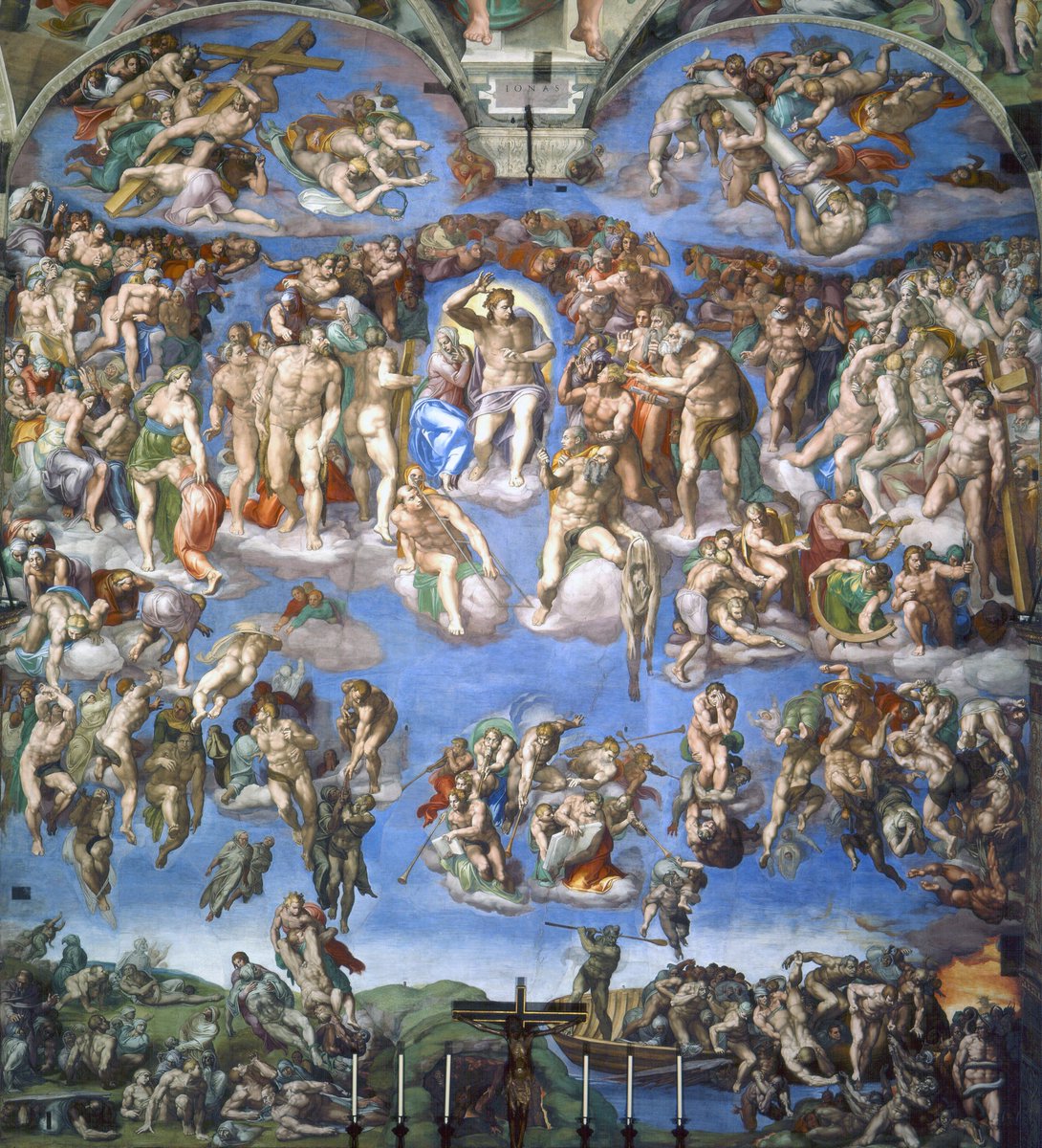 Kaan_H_Okten's tweet photo. Michelangelo'nun muazzam "Son Yargı Günü / Il Giudizio Universale" freskine (solda) açıklama ve notlar ekledim (sağda). 
İsa'nın kıyamet günü insanları yargılamasını resmeden bu fresk 1541'de tamamlandı ve Vatikan'daki Sixtus Şapeli'nin altar duvarını baştan aşağıya süslüyor. https://t.co/DtexbVBMBz