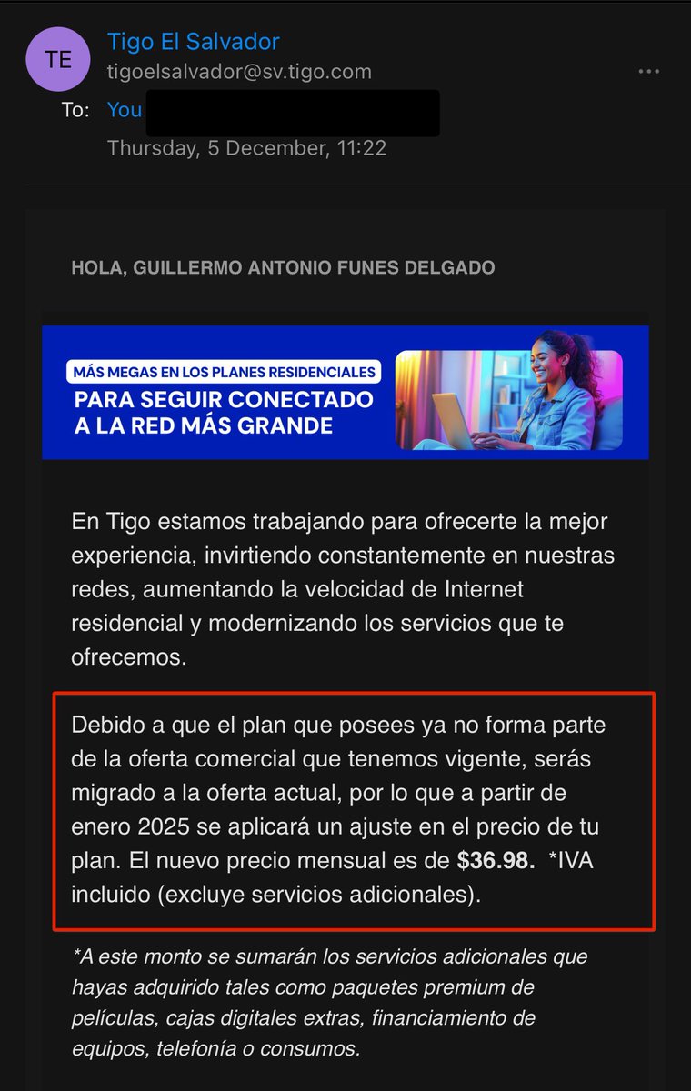 FunesGuille's tweet photo. Señores de @TigoElSalvador explíqueme cómo es posible que me van a migrar a un nuevo plan, incrementando mi pago, sin que yo lo haya solicitado y peor aún, SIN MI FIRMA Y SIN MI CONSENTIMIENTO. @Defensoria_910 https://t.co/bpFCBMwd5O