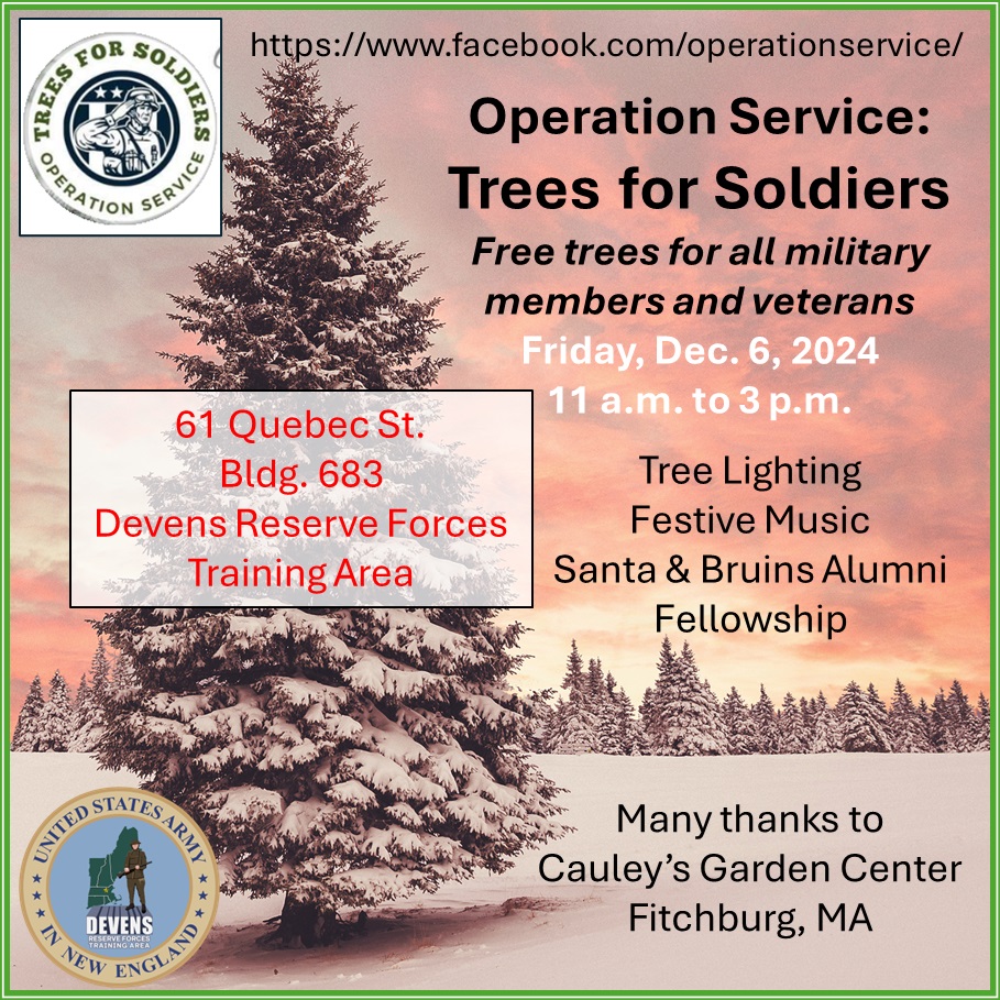 DevensFort's tweet photo. For all who served, stop by Devens RFTA to get a Christmas tree and share stories. #ARC #IMCOM #USArmyReserve #nationalguard #marineforcereserve #MassDevelopment #ClearPath #fortdevensmuseum #veterans #NatickSSC #OperationService #TreesforSoldiers #nhlbruinsalumni https://t.co/gsBMI8J27F