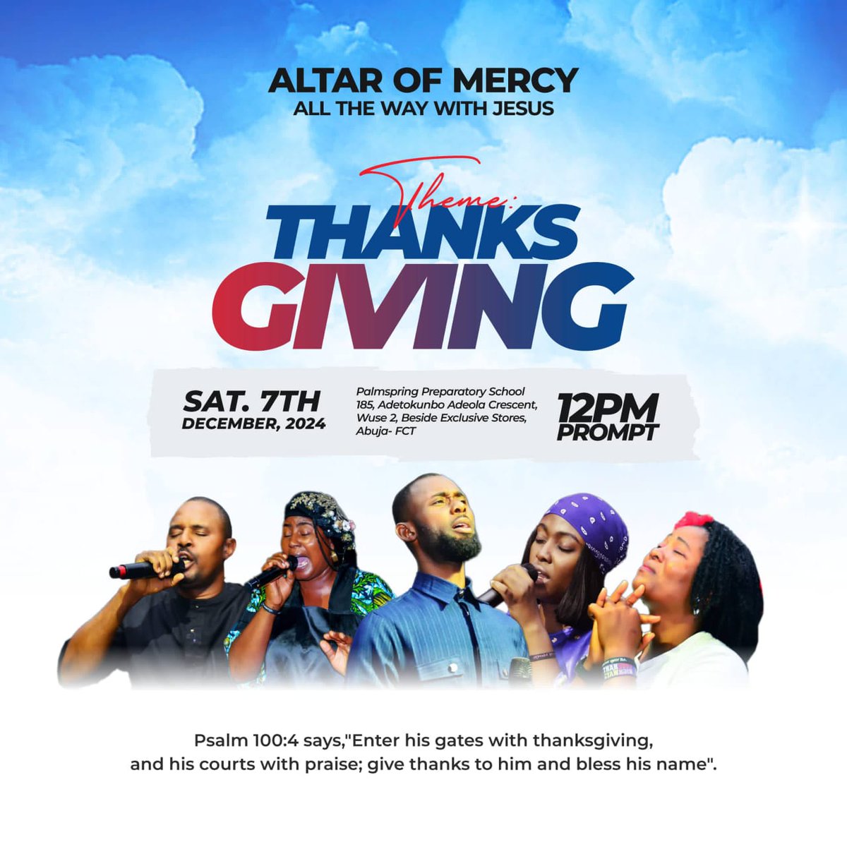 pammyhills's tweet photo. We have a praise concert in Abuja.
It's free.
"ALL THE WAY WITH JESUS! Join us for Altar of Mercy Praise Day: "Thanksgiving"! Praises, Prayers, Thanksgiving & Testimonies. Dec 7th, 12pm @ Palmsprings Prep School, Wuse 2, Abuja. Don't miss it! #PraiseDay #AllTheWayWithJesus" https://t.co/FkoSuikEbT