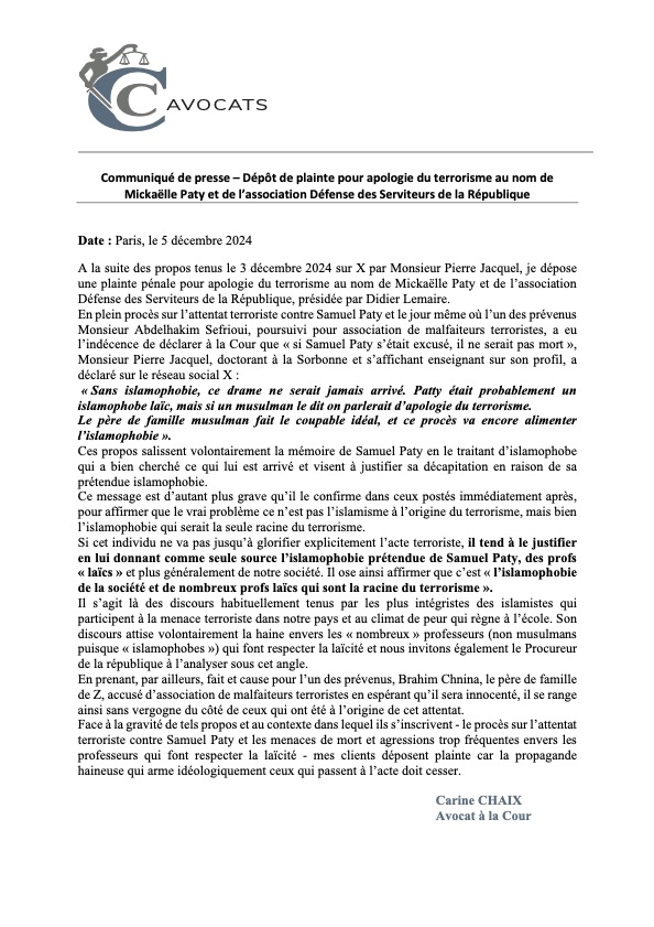 CHAIXCARINE's tweet photo. Je dépose plainte pour apologie du terrorisme au nom de Mickaelle Paty et l'association Défense des Serviteurs de la République à la suite des propos haineux expliquant l'attentat contre Samuel hashtag#Paty par sa seule prétendue islamophobie. Cette haine qui arme idéologiquement les terroristes ne doit pas être tolérée.