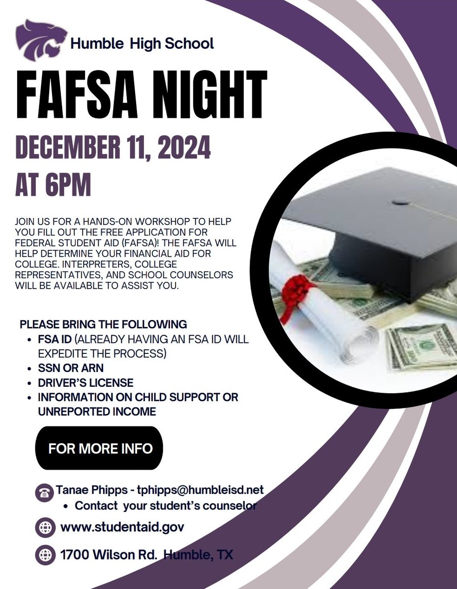 Attention seniors! If you need assistance with completing your FAFSA, join us for FAFSA night on 12/11 at 6 pm in the HHS Media Center.
