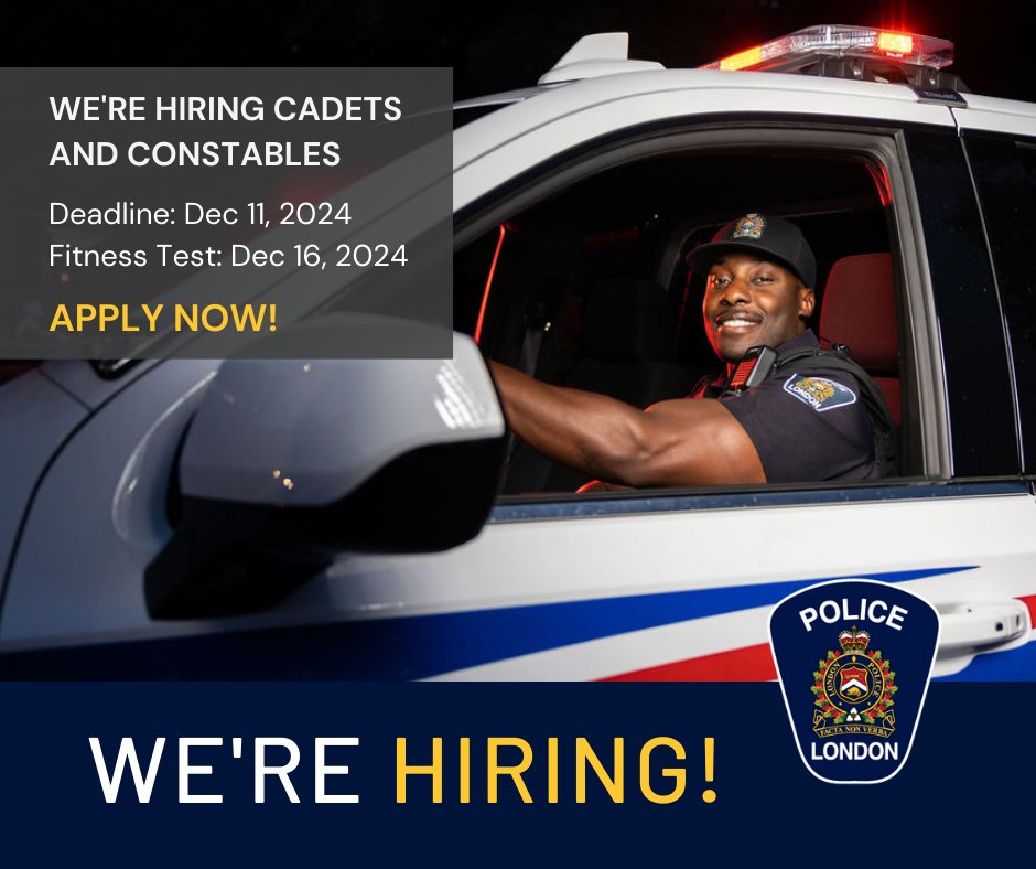 The London Police Service is actively hiring Cadets and Constables. 👮 Don’t delay – submit your application by December 11, 2024. If selected, you be invited to take part in our fitness testing on December 16, 2024.

Whether you're an experienced officer or looking for a career
