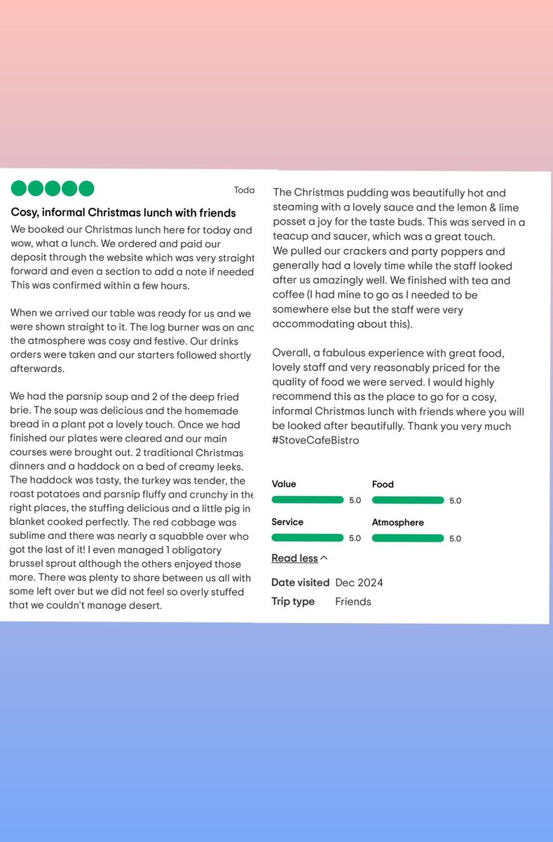 #STOVE cafebistro (@stovecafebistro) on Twitter photo We're over the moon with this lovely review from one of our recent guests! Thank you so much for your kind words. We work hard to make your Christmas lunch special, and it's always rewarding to receive positive feedback. We hope to see you again soon! #Christmas
<a href="/CranswickGc/">Cranswick Gdn centre</a> We're over the moon with this lovely review from one of our recent guests! Thank you so much for your kind words. We work hard to make your Christmas lunch special, and it's always rewarding to receive positive feedback. We hope to see you again soon! #Christmas
<a href="/CranswickGc/">Cranswick Gdn centre</a>