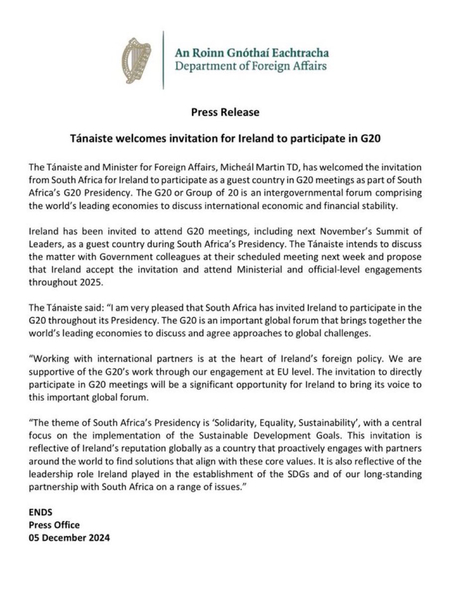 Delighted and honoured at South Africa’s invitation to Ireland to join the G20 as guest country over the next year. Particularly fitting as we celebrate the 30th anniversary of the establishment of the Embassy of Ireland Pretoria. Go raibh maith agaibh. Siyabonga! Kea Leboga!