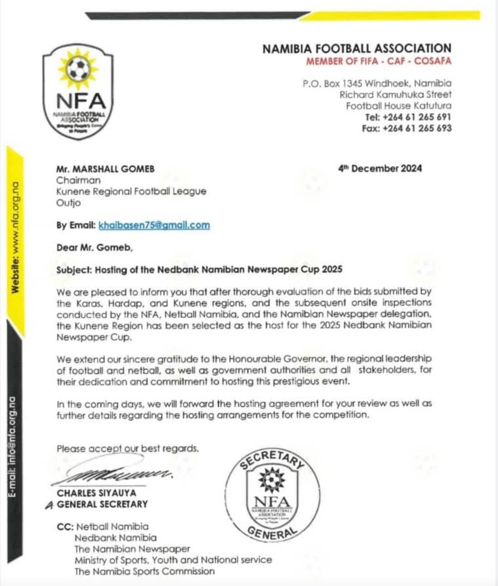 My last, We are Kunene. Step 1 we have successfully submitted and won the right to host the 2025 Nedbank Namibian Newspaper Cup in Outjo Kunene. Step 2 we will stage the biggest and best ever edition of this marvelous competition…. Watch the space, we are Kunene. 🦏 🐘 🦁.