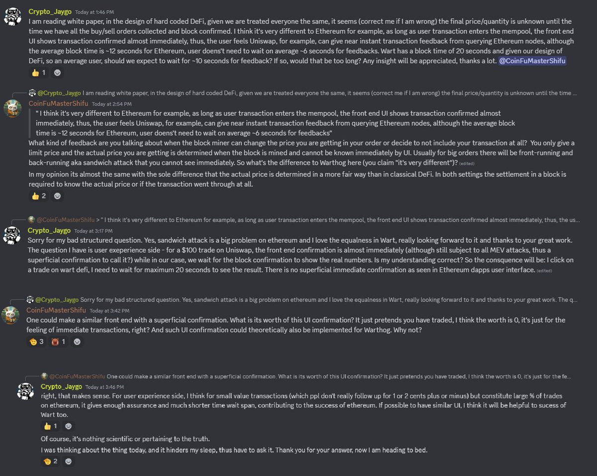 warthognetwork's tweet photo. - Wart DeFi discussion with DevShifu, on the Warthog Discord.
#DeFi #warthog #Blockchain #WartDeFi #question #InnovateBlockchain #Discord #sandwichproblem https://t.co/9Yn38zguRV