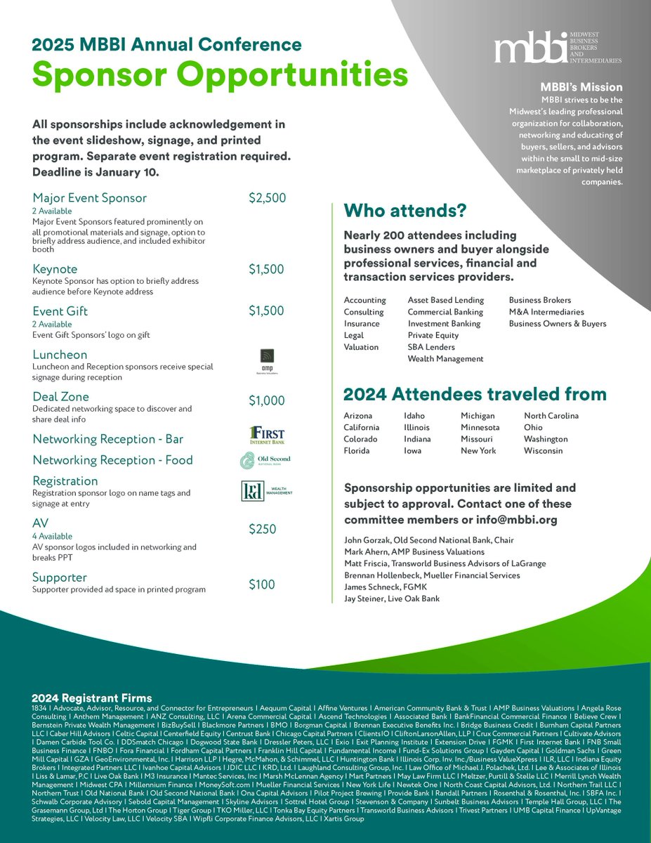 The MBBI Annual Conference is around the corner on January 30th. Sponsorship and registration is open now! Thank you to AMP Business Valuations, First Internet Bank, Old Second National Bank, and KRD, Ltd. for your sponsorship! 
mbbi.org/event-5890218 

#Networking #