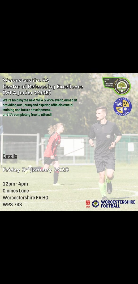 Our next session is coming up just after the turn of the year. Please note the slightly different timings.  <a href="/WFAHFARefs/">WFA & HFA Referees</a> ⚽️#grassrootsfootball #refereeing #worcestershirefa #WorcestershireHour