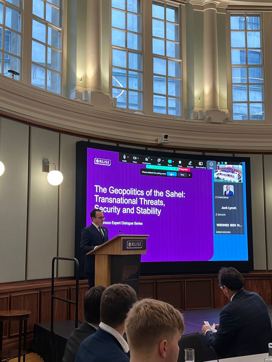 MOROCCOinUK's tweet photo. Opening the @RUSI_org roundtable on the Sahel, H.E. @AmbHHajoui shared 🇲🇦’s optimistic &amp; holistic approach to the region, transforming risks into opportunities. H.E delved into the Royal Atlantic Initiative, as a bridge to greater opportunities and enhanced regional integration. https://t.co/MjjU5G8n4M