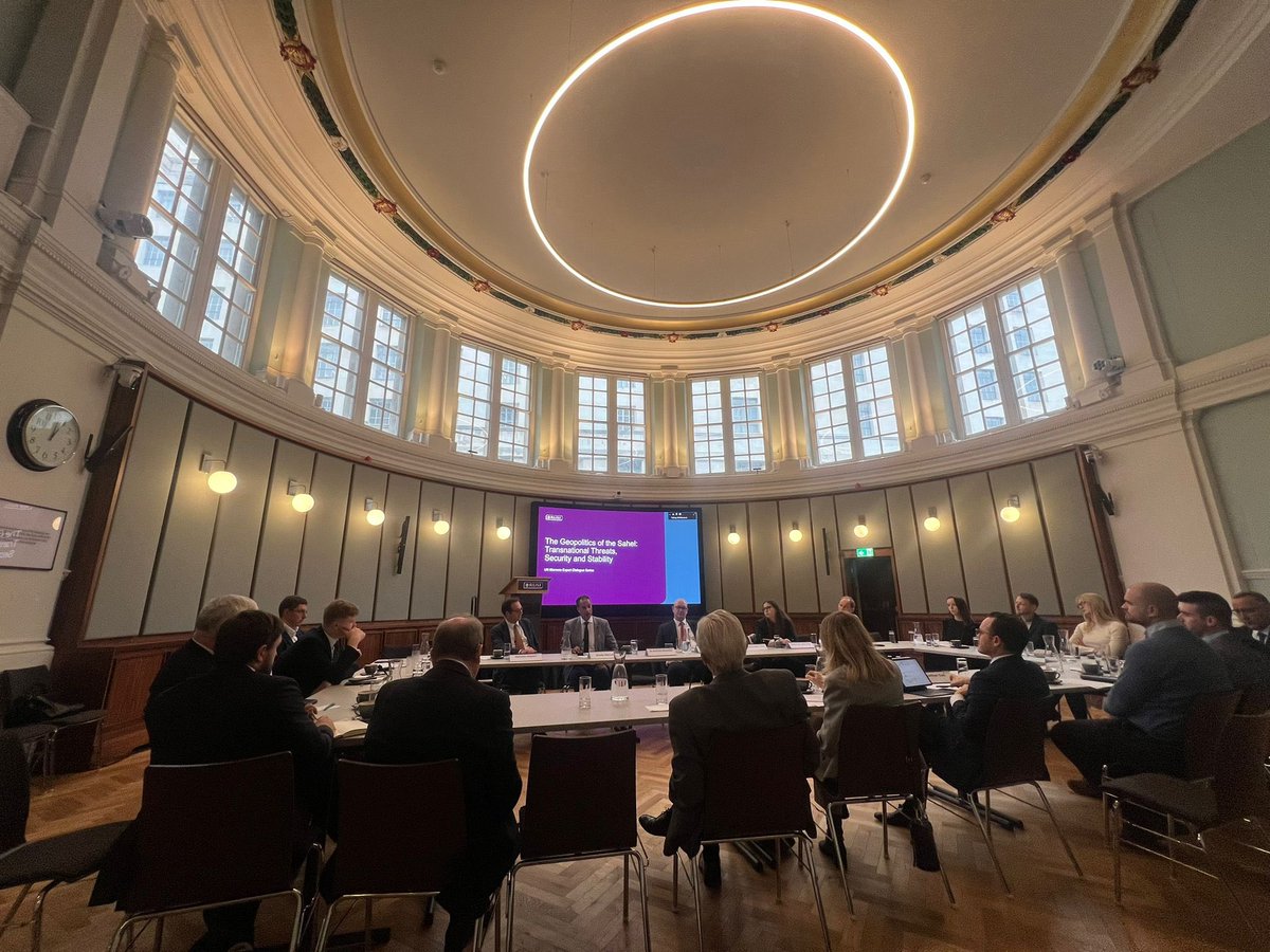 MOROCCOinUK's tweet photo. Opening the @RUSI_org roundtable on the Sahel, H.E. @AmbHHajoui shared 🇲🇦’s optimistic &amp; holistic approach to the region, transforming risks into opportunities. H.E delved into the Royal Atlantic Initiative, as a bridge to greater opportunities and enhanced regional integration. https://t.co/MjjU5G8n4M