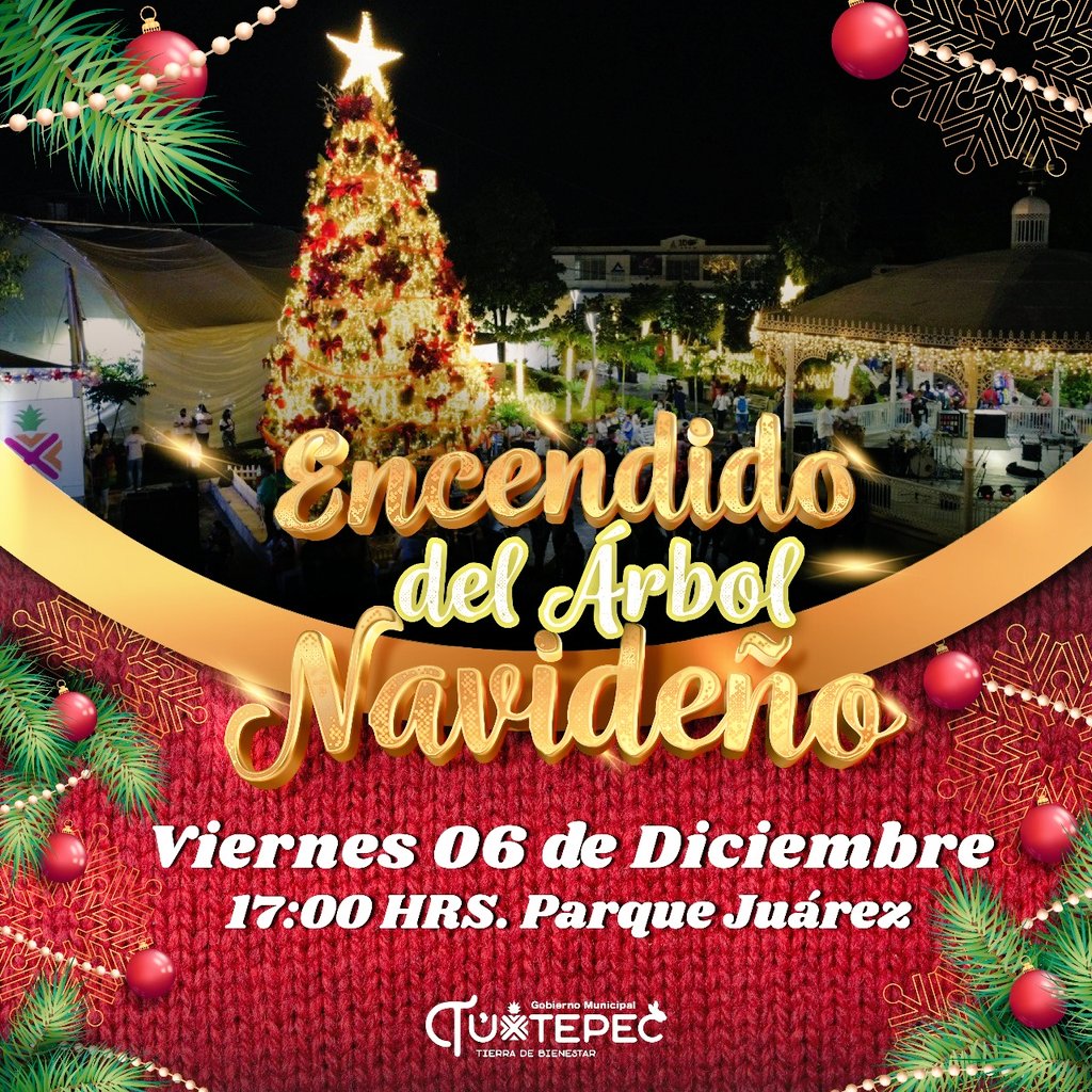 En este mes de Paz y Buenaventura
El Gobierno Municipal te invitar a vivir el espíritu de la Navidad   con el encendido del Árbol Navideño🎄, la cita es este:

  📆Viernes 6 de Diciembre
  ⏰5 PM
  📌Parque Juárez

¡Asiste con toda tu familia!