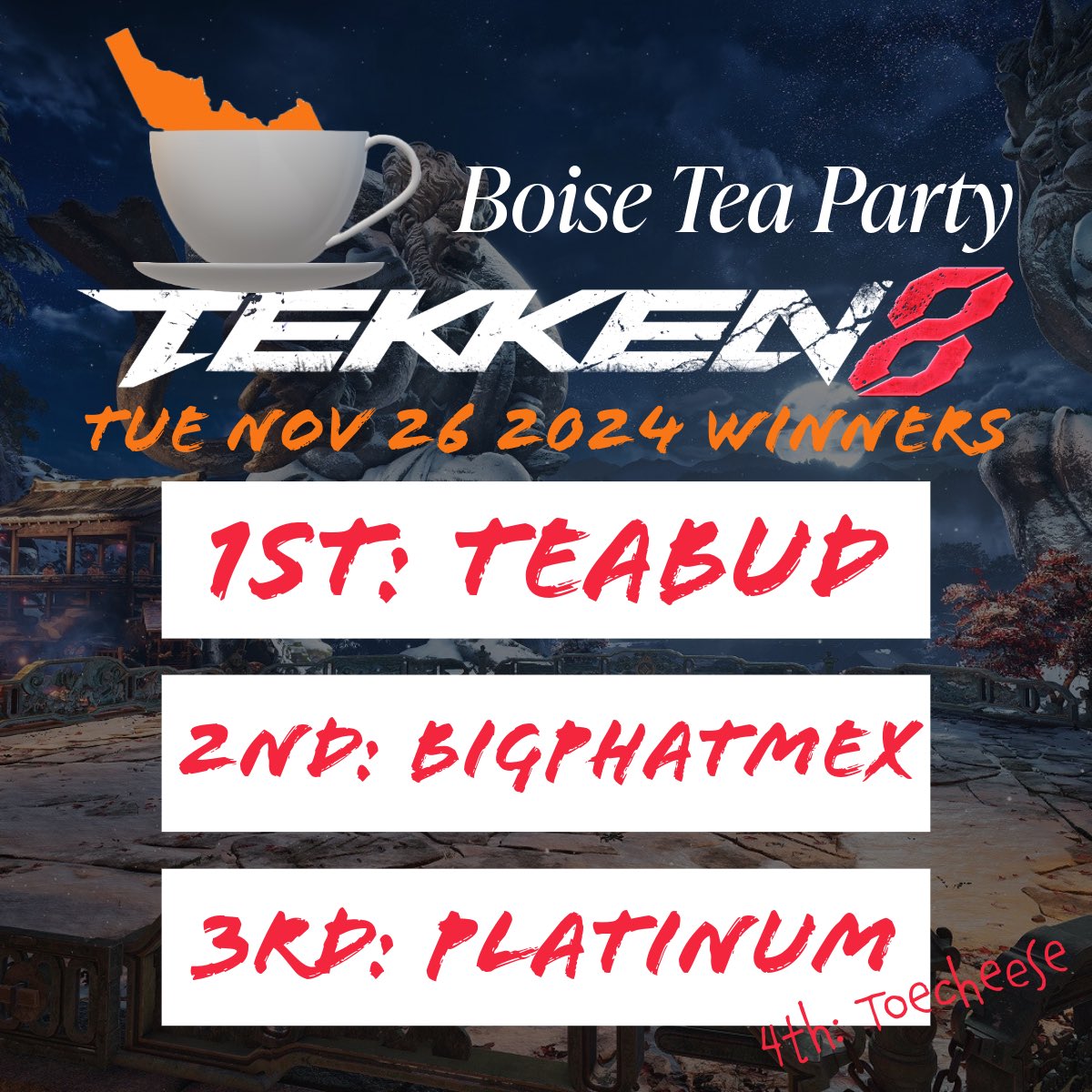 Big thx to all who joined us last week for the final Tea Party of the year 🍵 Shouts out <a href="/teabudd96/">TeaBud</a> for running it all year and everyone BTS who brought setups and helped out and all that! GGs 👊🏽 and congrats to our top winners:

#boise #FGC