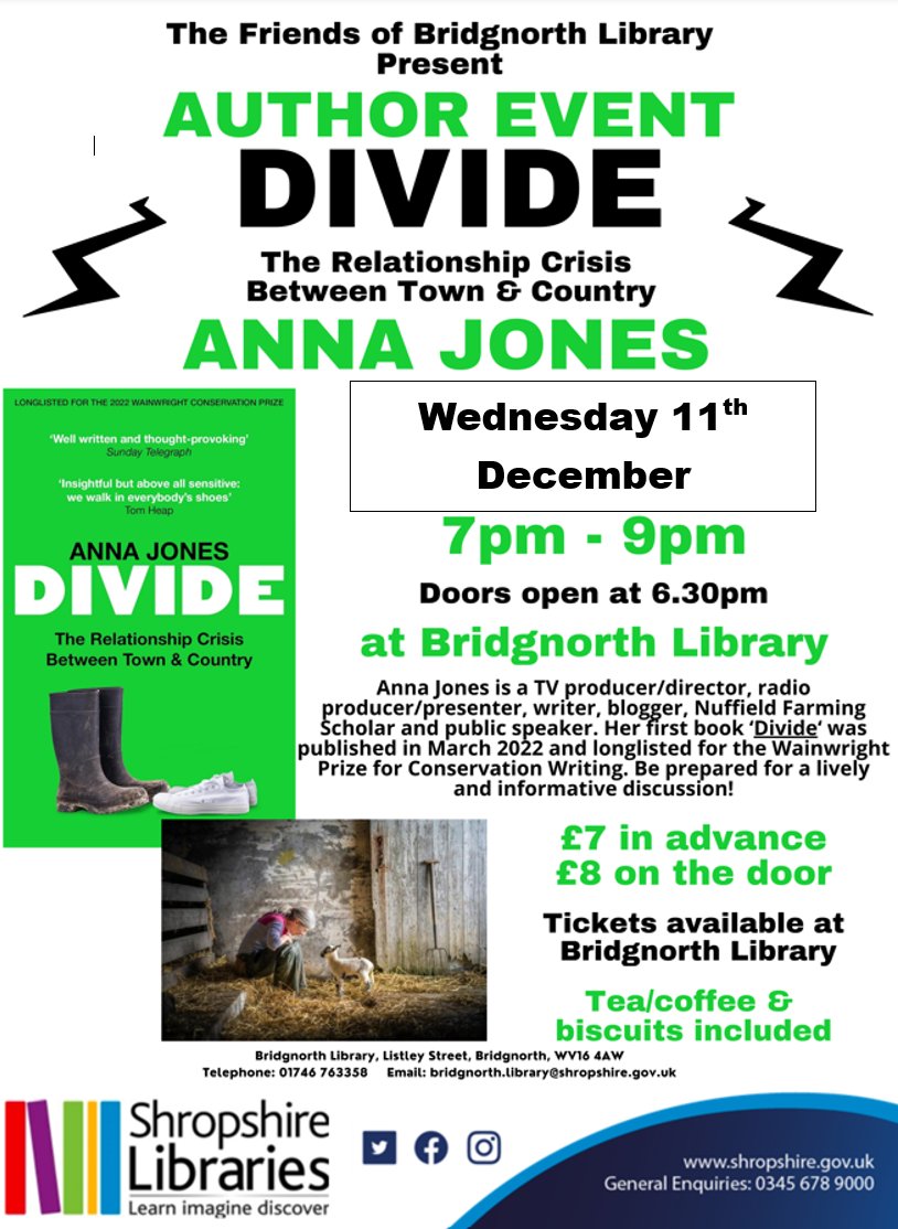 Bridgnorth Library & Visitor Information Point (@bridgnorthlibvp) on Twitter photo 📣 Author Event at Bridgnorth Library📣
Get your tickets for Divide - The Relationship Crisis Between Town and Country with Anna Jones - Wednesday 11th December 📣 Author Event at Bridgnorth Library📣
Get your tickets for Divide - The Relationship Crisis Between Town and Country with Anna Jones - Wednesday 11th December