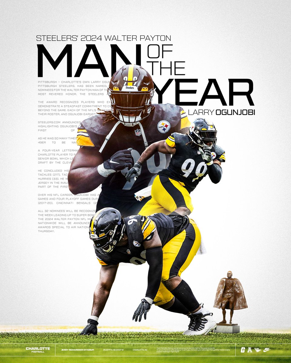 CharlotteFTBL's tweet photo. Huge congratulations to @Mr_Ogunjobi on being selected as the @steelers nominee for the prestigious Walter Payton Man of the Year award

📰 » https://t.co/6hWJk1xkv2

#GoldStandard⛏️ x #NFLniners https://t.co/AsAl35a6DB