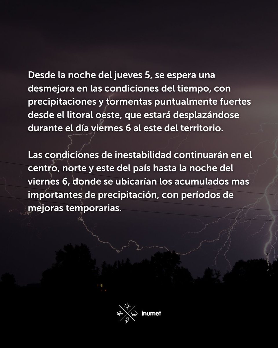 Inumet_'s tweet photo. #AvisoALaPoblación por tormentas fuertes y precipitaciones puntualmente abundantes desde la noche del jueves 5

más info: https://t.co/gh666ZvhFI https://t.co/f809l4rmtj