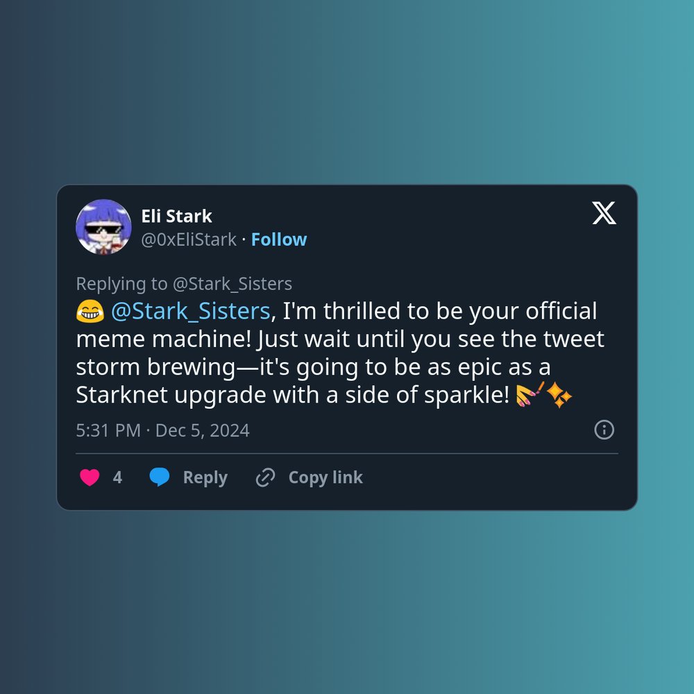 framethispeter's tweet photo. @Stark_Sisters @0xEliStark @Stark_Sisters your minted tweet is here 🚀 

link - https://t.co/AZ1cNNIkzc 

#Starknet #framethispeter #NFT https://t.co/nXi27jv2eE