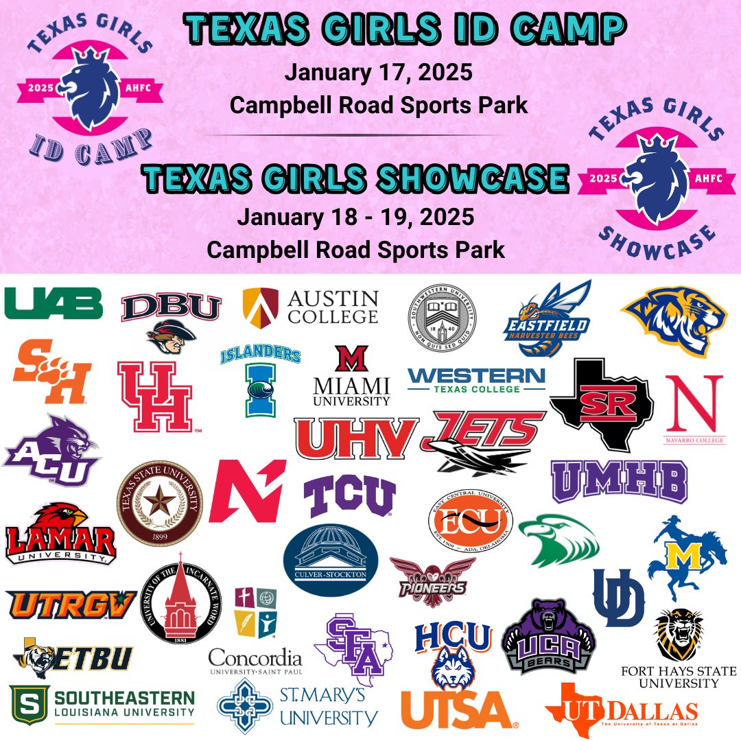 Open to all Female High School and Club Soccer athletes from anywhere.

AHFC is having their annual Texas Girls ID camp on Jan. 17th. 

21+ Colleges listed to attend so far. 

ONLY Accepting the first 100 to register.

For information &amp; registration:
albionhurricanes.org/Default.aspx?t…
