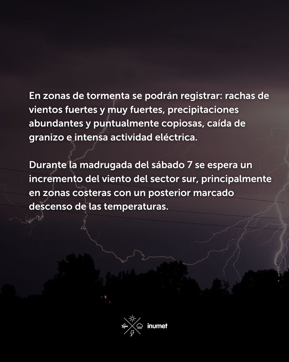 Inumet_'s tweet photo. #AvisoALaPoblación por tormentas fuertes y precipitaciones puntualmente abundantes desde la noche del jueves 5

más info: https://t.co/gh666ZvhFI https://t.co/f809l4rmtj