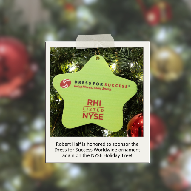 Proud to celebrate 18 years of #RobertHalf supporting Dress for Success through suit drives, fundraising, and more! Check out our ornament on the NYSE holiday tree! 🎁 #RobertHalf #DressForSuccess