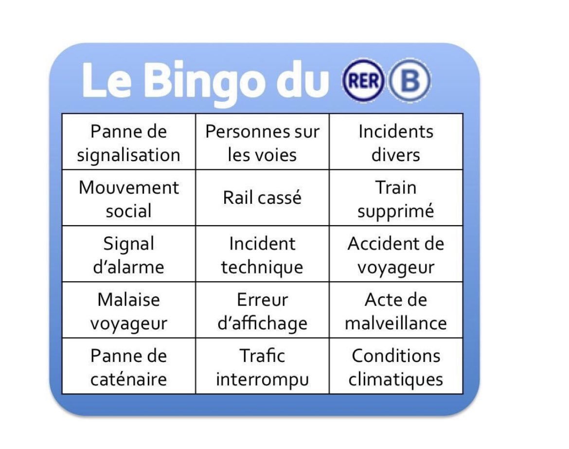 Elise_Gabrielle's tweet photo. @RERB On a coché toutes les cases du bingo cette semaine 🙄
Peut-être un répit demain ?
#rerb #semainedemerde https://t.co/0PFwofnv9T