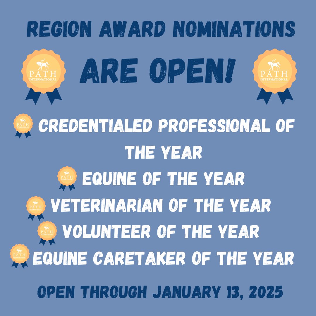 path_intl's tweet photo. PATH Intl. Region Award nominations are open through January 13! The categories are: Credentialed Professional of the Year, Equine of the Year, Veterinarian of the Year, Volunteer of the Year, and Equine Caretaker of the Year! Nominations can be made at https://t.co/ujNxeJ0EgG https://t.co/KHOIj3IUYj