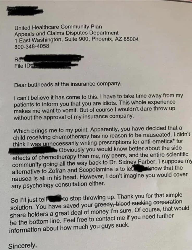 nnaydolem's tweet photo. When you feel sorry for UHC CEO, yes sad for his kids. However, this was a letter replying to a denial for anti-nauseating meds for a CHILD with cancer. THAT is something to be upset about. https://t.co/mDVFOX732W