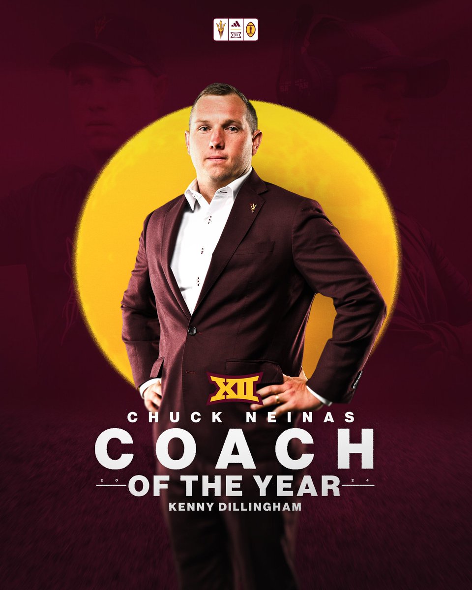 Sun Devil Football (@asufootball) on Twitter photo Kenny Dillingham named <a href="/Big12Conference/">Big 12 Conference</a> Chuck Neinas Coach of the Year 🔥
#ForksUp /// #ActivateTheValley Kenny Dillingham named <a href="/Big12Conference/">Big 12 Conference</a> Chuck Neinas Coach of the Year 🔥
#ForksUp /// #ActivateTheValley