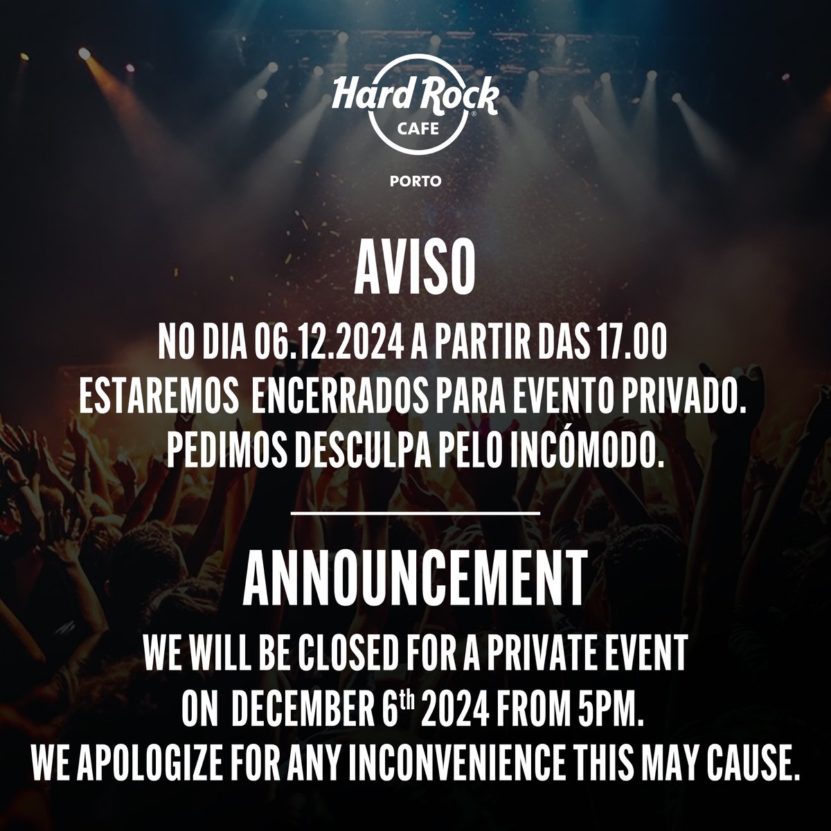 hrcporto's tweet photo. Olá Rockers!
Amanhã à noite estaremos encerrados para evento privado. Regressamos no sábado de manhã, no horário normal.
Pedimos desculpa pelo incómodo.
#hardrockcafeporto #porto #eventoprivado #festa https://t.co/JPb9jzDISI