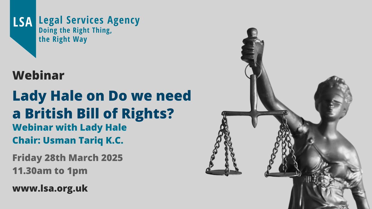 LSAlawcentre's tweet image. LSA Webinar with Lady Hale on British Bill of Rights - Don't miss this insightful discussion on the British Bill of Rights - BOOK NOW 👉 bit.ly/4f1MYeT #LSAwebinar #LadyHale #BritishBillofRights #HumanRightsAct #HRA #humanrights #ECHR #cpd #tcpd #booknow