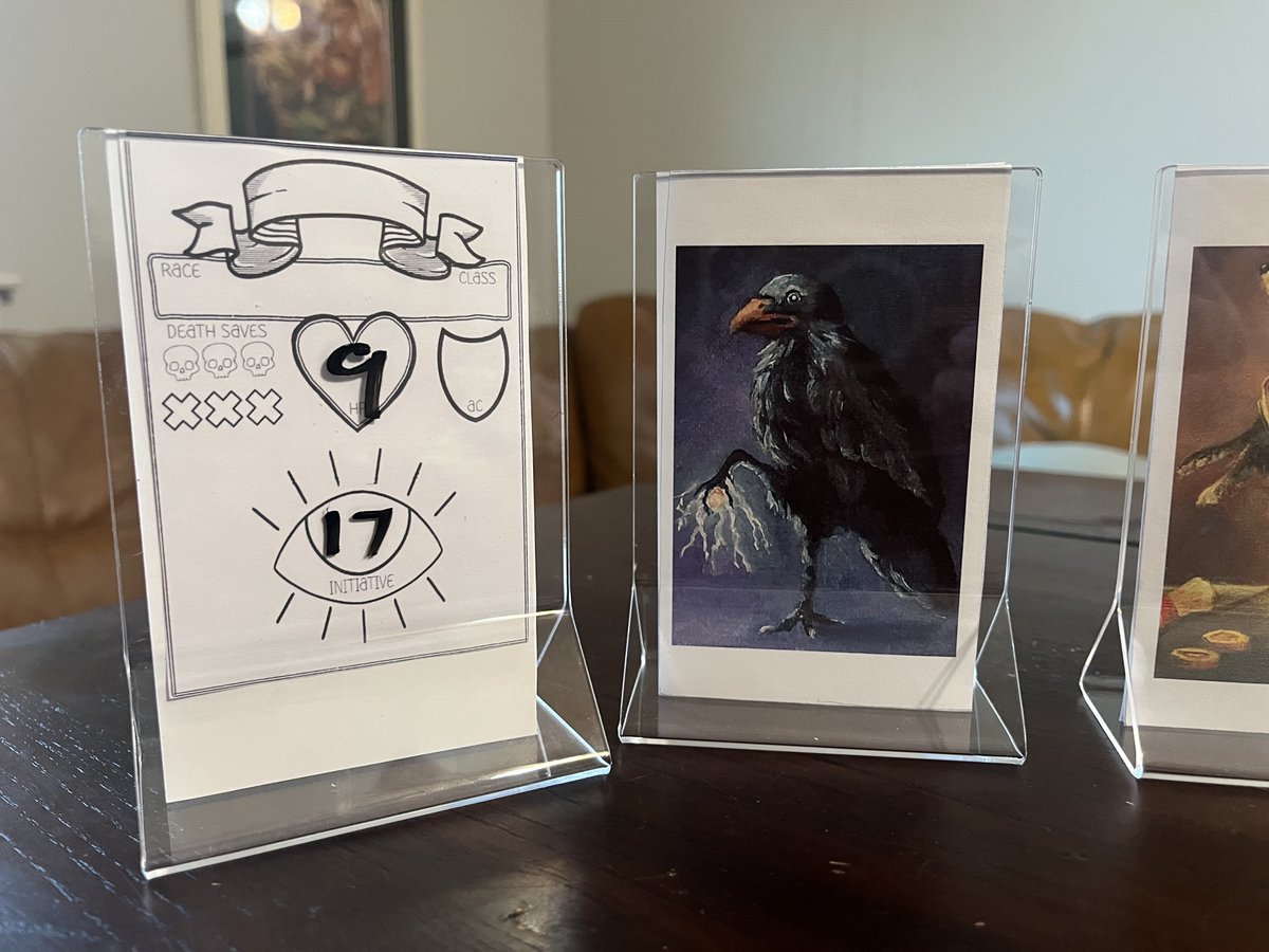 dirthippy (โข๏ธ ๐ก,๐ฎ,๐งโโ๏ธ) (@dirthippy) on Twitter photo Made these for a kid's D&D game (Familiar Things) I'm running for my daughter and her friends. Kinda dig that we can use dry erase to keep track of HP and Initiative during combat (and turn them to face the DM).
<a href="/TonyDiTerlizzi/">Tony DiTerlizzi</a> print in the background. ๐ Made these for a kid's D&D game (Familiar Things) I'm running for my daughter and her friends. Kinda dig that we can use dry erase to keep track of HP and Initiative during combat (and turn them to face the DM).
<a href="/TonyDiTerlizzi/">Tony DiTerlizzi</a> print in the background. ๐