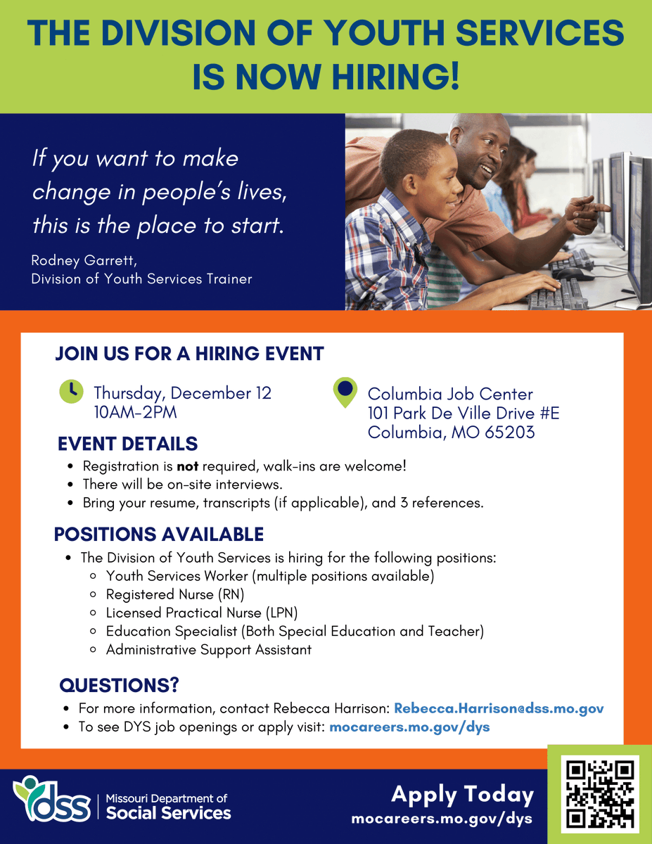 🚨 DSS Youth Division Hiring Event 🚨

Looking for a meaningful career? The DSS Youth Division is hiring and will be at the Columbia Job Center on Tuesday, December 12, from 10 AM–2 PM.

Pre-register at cwdregion.com/dssyouth/