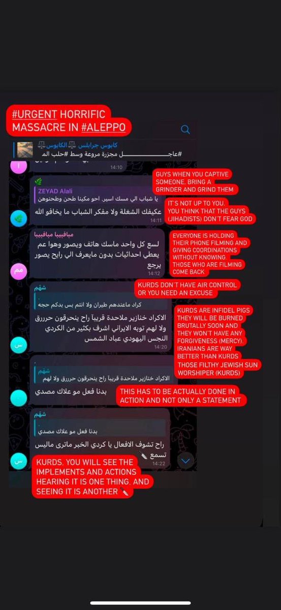 SNAViolKurds's tweet photo. Urgent ‼️
Leaked chats link Turkey-backed factions &amp; Syrian Army to violence against Kurds. Global action needed!
محادثات مسربة تظهر تحريضاً ضد الكورد. تدخل دولي مطلوب!
#HumanRights #Syria #WarCrimes  @RefugeesMedia @UNHumanRights @amnesty https://t.co/a7rSzOaAhG