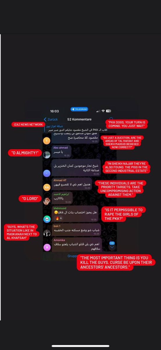 SNAViolKurds's tweet photo. Urgent ‼️
Leaked chats link Turkey-backed factions &amp; Syrian Army to violence against Kurds. Global action needed!
محادثات مسربة تظهر تحريضاً ضد الكورد. تدخل دولي مطلوب!
#HumanRights #Syria #WarCrimes  @RefugeesMedia @UNHumanRights @amnesty https://t.co/a7rSzOaAhG