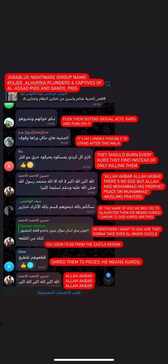 SNAViolKurds's tweet photo. Urgent ‼️
Leaked chats link Turkey-backed factions &amp; Syrian Army to violence against Kurds. Global action needed!
محادثات مسربة تظهر تحريضاً ضد الكورد. تدخل دولي مطلوب!
#HumanRights #Syria #WarCrimes  @RefugeesMedia @UNHumanRights @amnesty https://t.co/a7rSzOaAhG