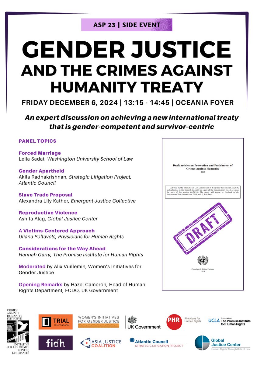 Global Justice Center (@globaljusticec) on Twitter photo TOMORROW: Join us for the last of our #ASP23 events!
Our legal advisor Ashita Alag will join <a href="/akila_rad/">akila radhakrishnan</a> <a href="/A_L_Kather/">alexandra lily kather</a> <a href="/ultiana/">ultiana</a> <a href="/HannahRGarry/">Hannah R. Garry (she/her)</a> <a href="/AlixVuillemin/">Alix Vuillemin</a> and more to discuss gender justice and the crimes against humanity treaty.
Register: forms.office.com/e/MF07BrFwyG TOMORROW: Join us for the last of our #ASP23 events!
Our legal advisor Ashita Alag will join <a href="/akila_rad/">akila radhakrishnan</a> <a href="/A_L_Kather/">alexandra lily kather</a> <a href="/ultiana/">ultiana</a> <a href="/HannahRGarry/">Hannah R. Garry (she/her)</a> <a href="/AlixVuillemin/">Alix Vuillemin</a> and more to discuss gender justice and the crimes against humanity treaty.
Register: forms.office.com/e/MF07BrFwyG