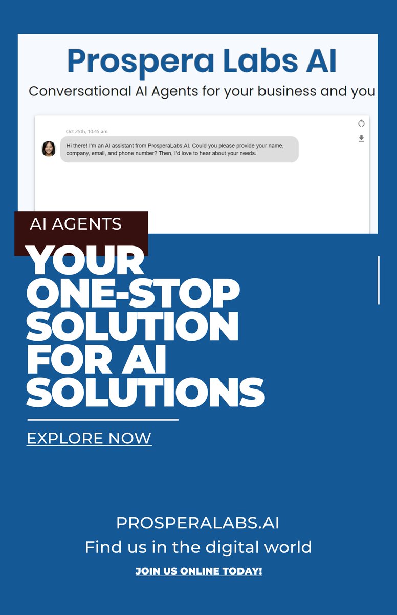 prosperalabsAI's tweet photo. At https://t.co/KbuboHB9Q8, we specialize in crafting bespoke AI agents that elevate your business:
- Tailored AI agent development
- Off the shelf agents
 - AI Receptionist
 - AI Sales Agent
 - WordFactory (AI Content)
#AIAgents #TechInnovation #SmartSolutions  #FutureOfBusiness https://t.co/Kr5D5ay5PI