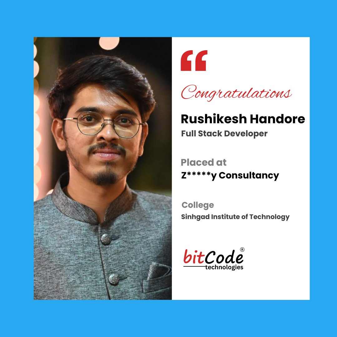 BitcodeTech's tweet image. Congratulations, Rushikesh, On your successful placement as a #FullStackDeveloper, we wish you all the best!
Get Trained, Get Placed!
#GetFirstJob #BitcodePune #BitCode #FullStackDevelopment #FresherJobs #Technology #Placement #Success #Jobs