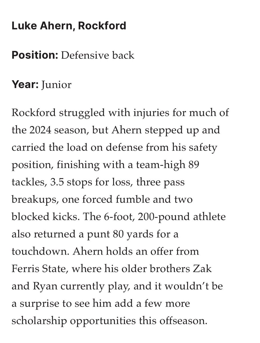 Luke Ahern (@lukeahern12) on Twitter photo Blessed to be named First Team Grand Rapids Dream Team!
<a href="/RockfordRamsFB/">Rockford Rams Football</a> <a href="/CoachBanaszak/">Robert J Banaszak Jr.</a> @trainwith_ns <a href="/PrepRedzoneMI/">Prep Redzone Michigan</a> <a href="/alex_pallone/">Alex Pallone</a> <a href="/AllenTrieu/">Allen Trieu</a> <a href="/TheD_Zone/">The D Zone</a> <a href="/WMDrivefootball/">West Michigan Drive Football</a> Blessed to be named First Team Grand Rapids Dream Team!
<a href="/RockfordRamsFB/">Rockford Rams Football</a> <a href="/CoachBanaszak/">Robert J Banaszak Jr.</a> @trainwith_ns <a href="/PrepRedzoneMI/">Prep Redzone Michigan</a> <a href="/alex_pallone/">Alex Pallone</a> <a href="/AllenTrieu/">Allen Trieu</a> <a href="/TheD_Zone/">The D Zone</a> <a href="/WMDrivefootball/">West Michigan Drive Football</a>
