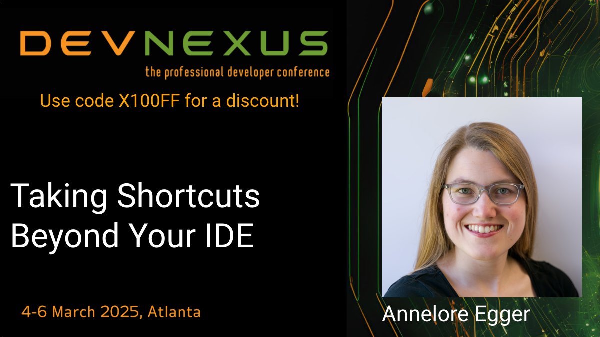 devnexus's tweet photo. Come and see @anneloreegger's talk, to learn how adopting smart shortcuts can enhance your productivity without sacrificing code quality ⭐

https://t.co/5FFLke4kBS

Get your tickets now, as spaces are limited!

🎟️- https://t.co/fWKo7YxU4i
Use the code  X100OFF for a discount 👀 https://t.co/JDCZzA88Gm