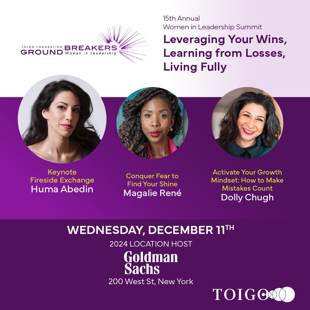 NEXT WEEK! Our 15th Annual Groundbreakers Women in Leadership Summit features inspiring speakers such as Dolly Chugh, Huma Abedin, Magalie René, and more. Join us: toigogroundbreakers.org/2024-groundbre…