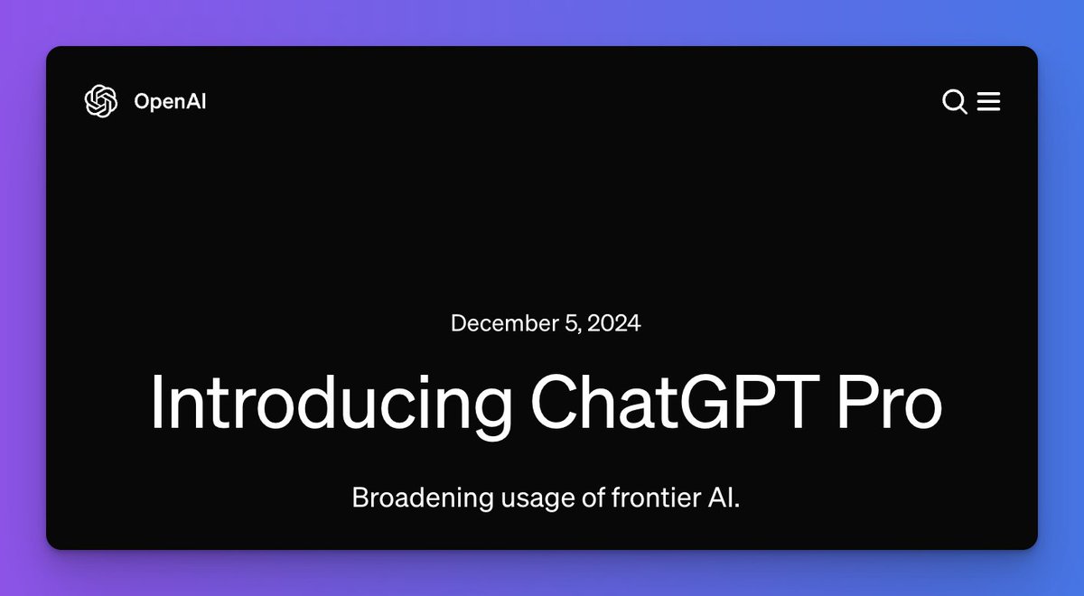 btibor91's tweet photo. OpenAI launched ChatGPT Pro on Day 1 of 12 Days of OpenAI (2024-12-05), offering a $200/month plan with unlimited access to advanced models like o1, o1-mini, GPT-4o, and Advanced Voice mode, alongside the high-accuracy o1 pro mode for complex tasks

- Select o1 pro mode for tougher questions, which takes longer to generate responses but delivers consistent accuracy across multiple attempts, outperforming other models in benchmarks like AIME 2024 math, Codeforces programming, and GPQA Diamond science questions

- Grants for ChatGPT Pro have been awarded to U.S. medical researchers working in areas like rare diseases, dementia, and cancer immunotherapy, with plans to expand grants and add more compute-intensive features to the plan in the future