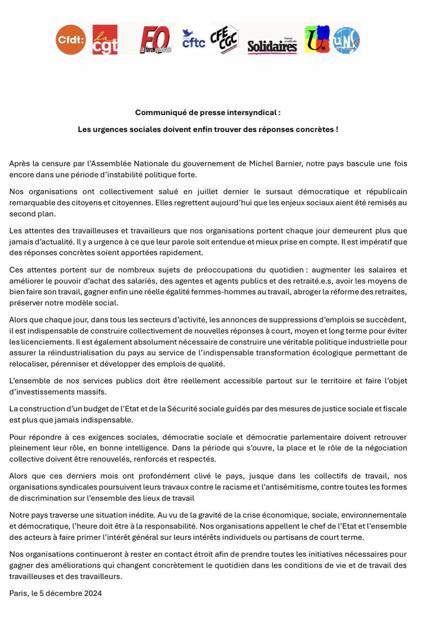 LaurentEscure's tweet photo. Après la censure, l’intersyndicale encore au rendez-vous et à la hauteur du moment :

Les urgences sociales doivent enfin trouver des réponses concrètes ! 🩵 https://t.co/TPaGNet9ys