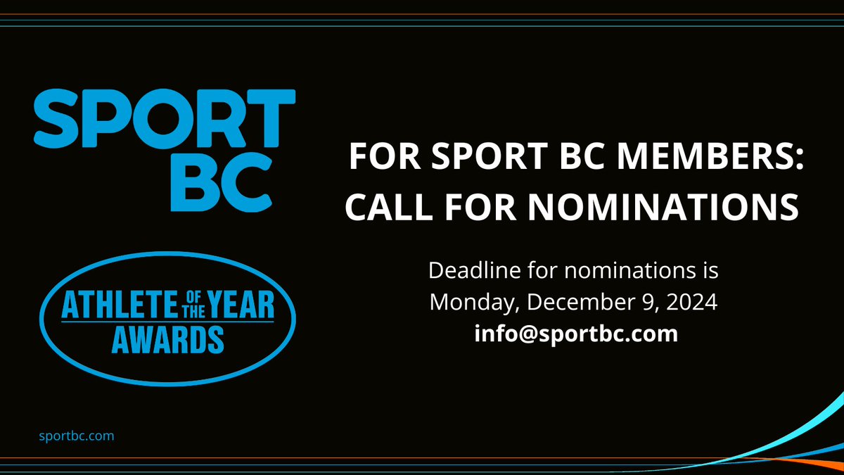 Sport BC (@sportbc) on Twitter photo Deadline approaching!
Sport BC members still have time to submit nominations in various categories for Sport BC's Athlete of the Year Awards 2025. For more information, or a link to the nomination forms, please email info@sportbc.com. Deadline approaching!
Sport BC members still have time to submit nominations in various categories for Sport BC's Athlete of the Year Awards 2025. For more information, or a link to the nomination forms, please email info@sportbc.com.