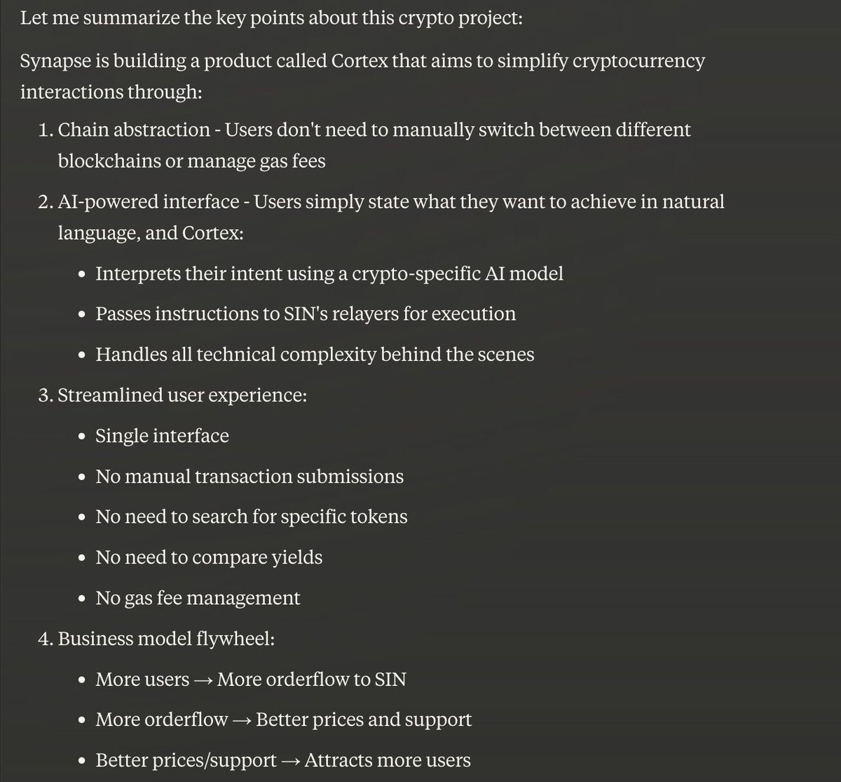 Last week, <a href="/SynapseProtocol/">Synapse Labs</a> deployed Synapse Intents Protocol on mainnets.

We asked <a href="/AnthropicAI/">Anthropic</a> to summarise how SIN will power Cortex and AI agents.

Fundamentally, SIN is the onchain execution layer needed for AI agents to interact with crypto.