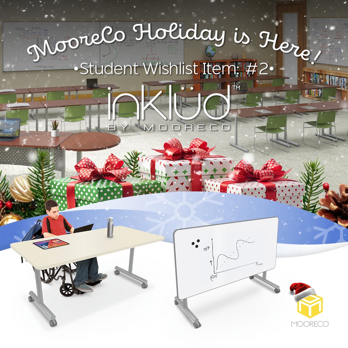 Celebrate the season with wishlist item #2: festive Inklüd tables! Flip tops, mobile bases, and adjustable heights make every space inclusive and flexible. #MooreCo #MooreCoInc #interiordesign #schoolfurniture #officefurniture hubs.ly/Q02-xTjw0